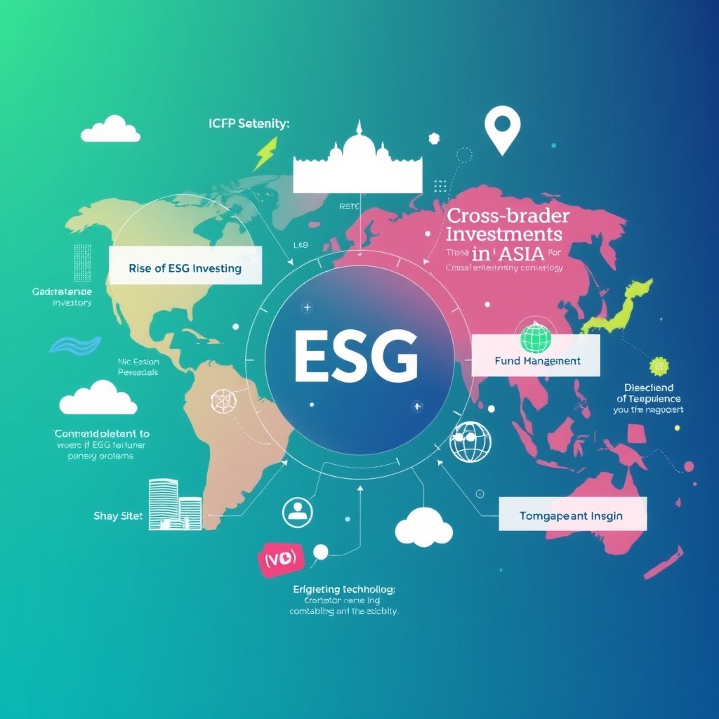 A dynamic image showcasing the rise of ESG investing, technology in fund management, and cross-border investments in Asia, with a focus on innovation and global connectivity.