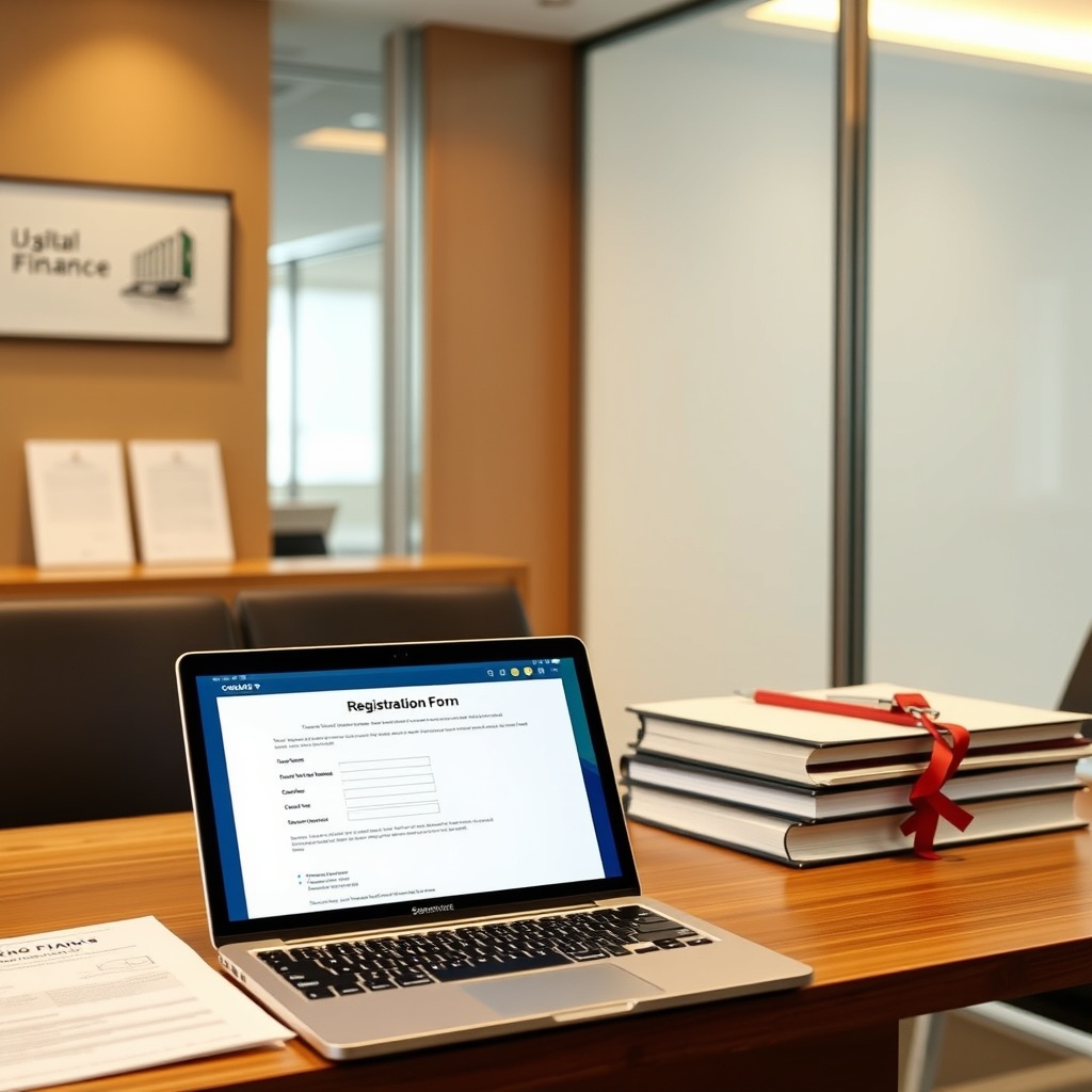 A professional stock photo of a modern office setting with legal documents and a laptop displaying a registration form, symbolizing the process of setting up a shipping finance vehicle in Singapore.
