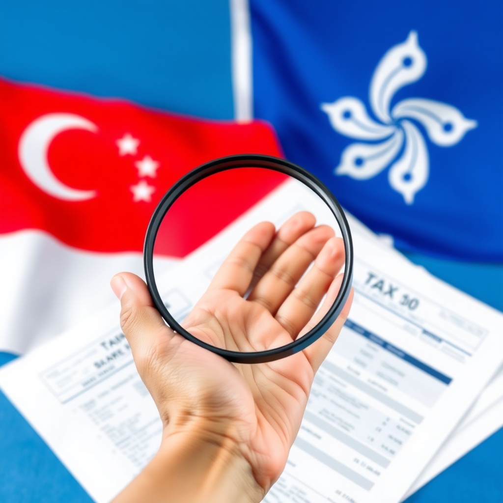 A high-quality stock image showing a hand holding a magnifying glass over tax documents with Singapore and Hong Kong flags in the background, representing tax considerations for shipping finance vehicles.