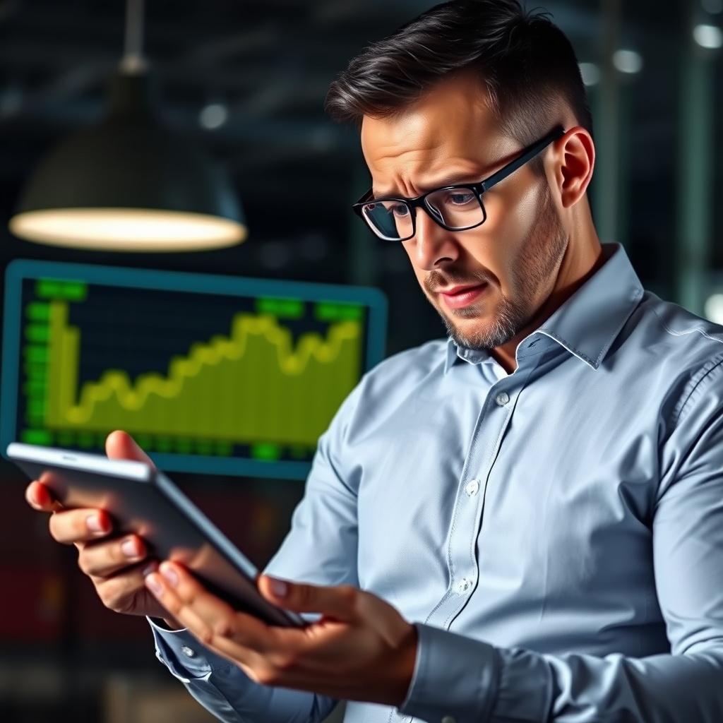 A professional stock photo depicting a businessman analyzing a graph on a tablet with a worried expression, illustrating common pitfalls in shipping finance vehicle setup.