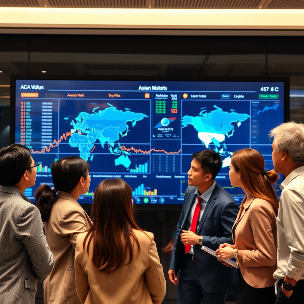 A high-quality stock image showing a diverse group of business professionals analyzing global market trends on a digital screen, representing the comparison of Asian ECAs with their global counterparts.