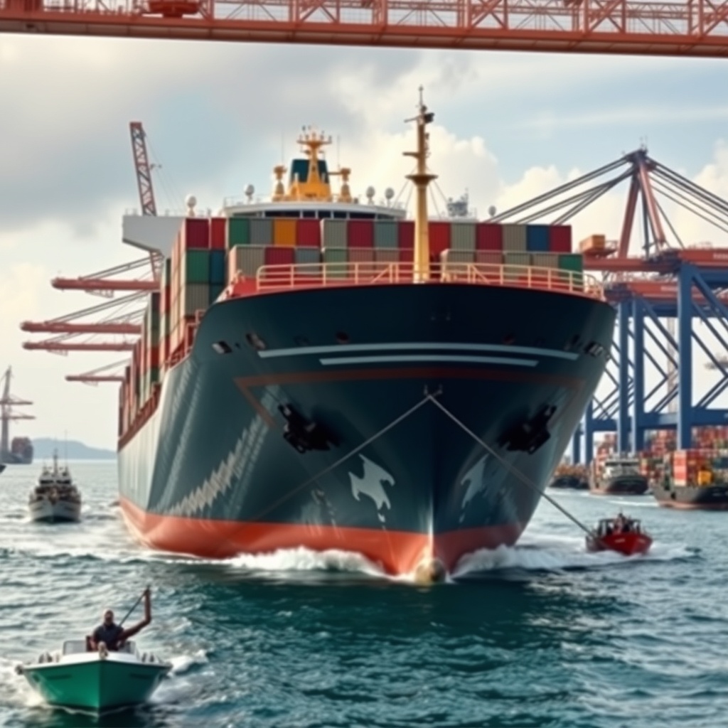 A professional stock photo of a ship navigating through a busy Asian port with a focus on environmental compliance measures like scrubbers or LNG fuel systems, symbolizing the challenges and adaptations in shipping finance under environmental regulations.
