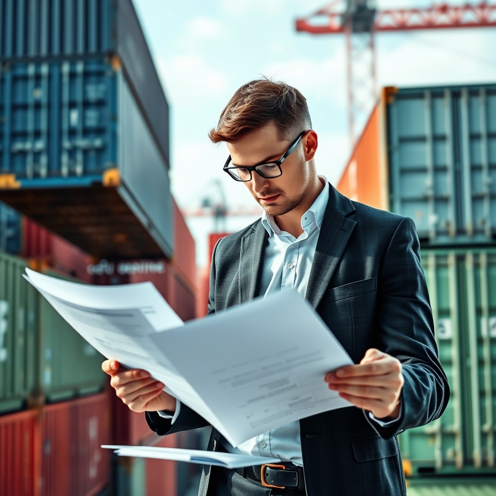 A high-quality stock image depicting a financial analyst reviewing tax documents with a backdrop of international shipping containers, highlighting the complexities of tax considerations in cross-border shipping finance.