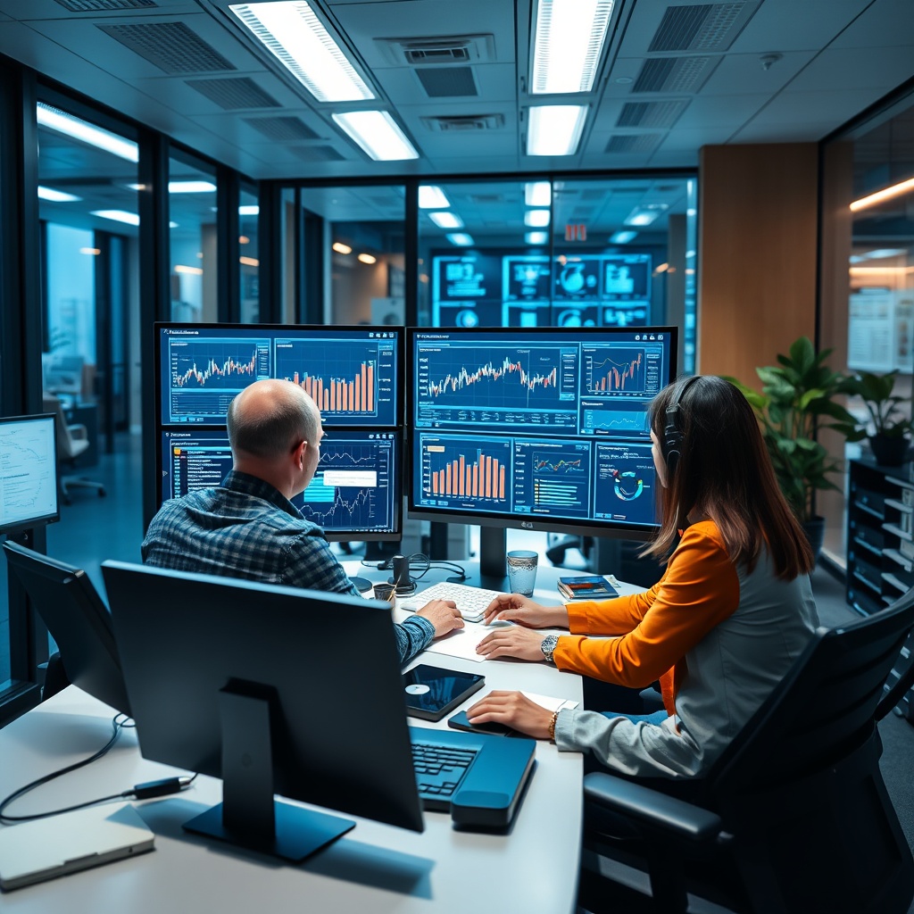 A high-tech office environment showcasing financial analysts using advanced software for compliance efficiency, cost reduction, and risk management with graphs and data analytics on screens.