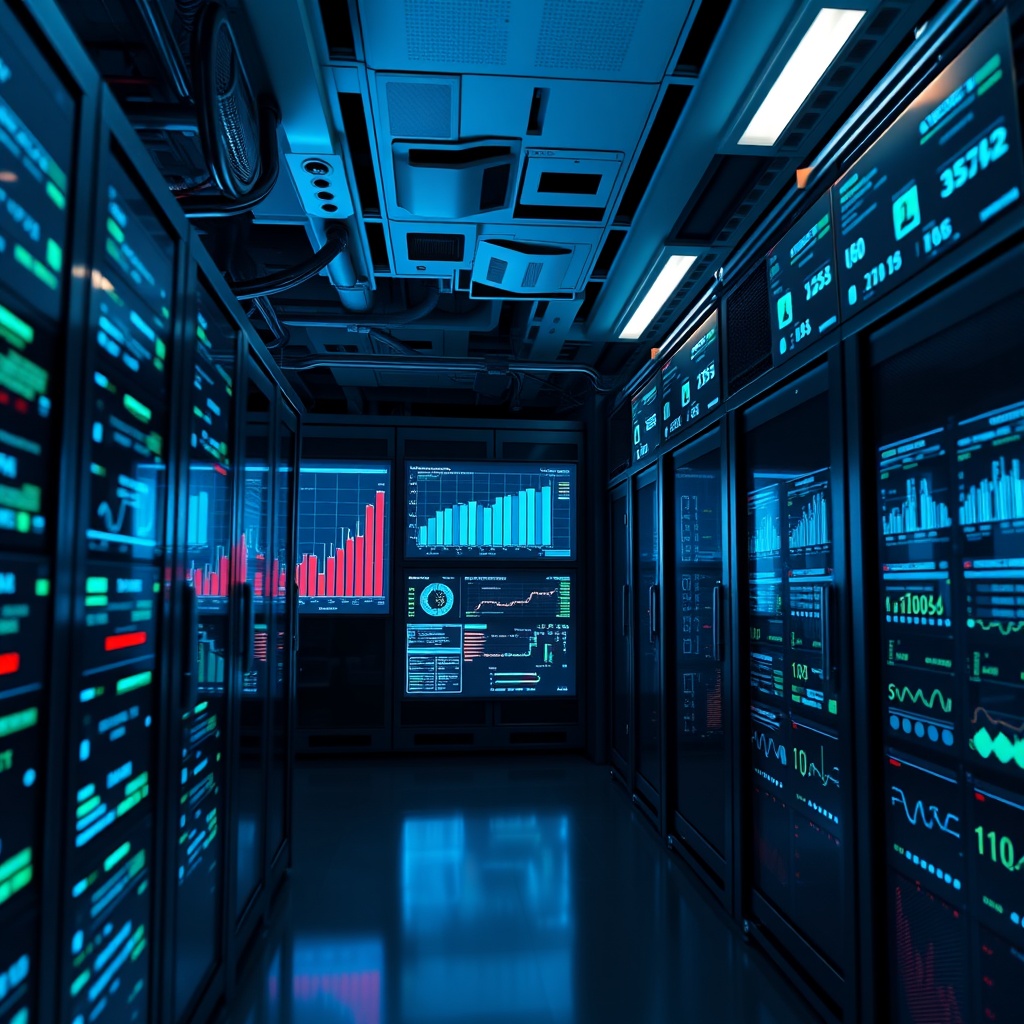 A futuristic data center with servers and digital screens displaying real-time data analytics and AI algorithms for regulatory compliance, emphasizing data privacy and security.