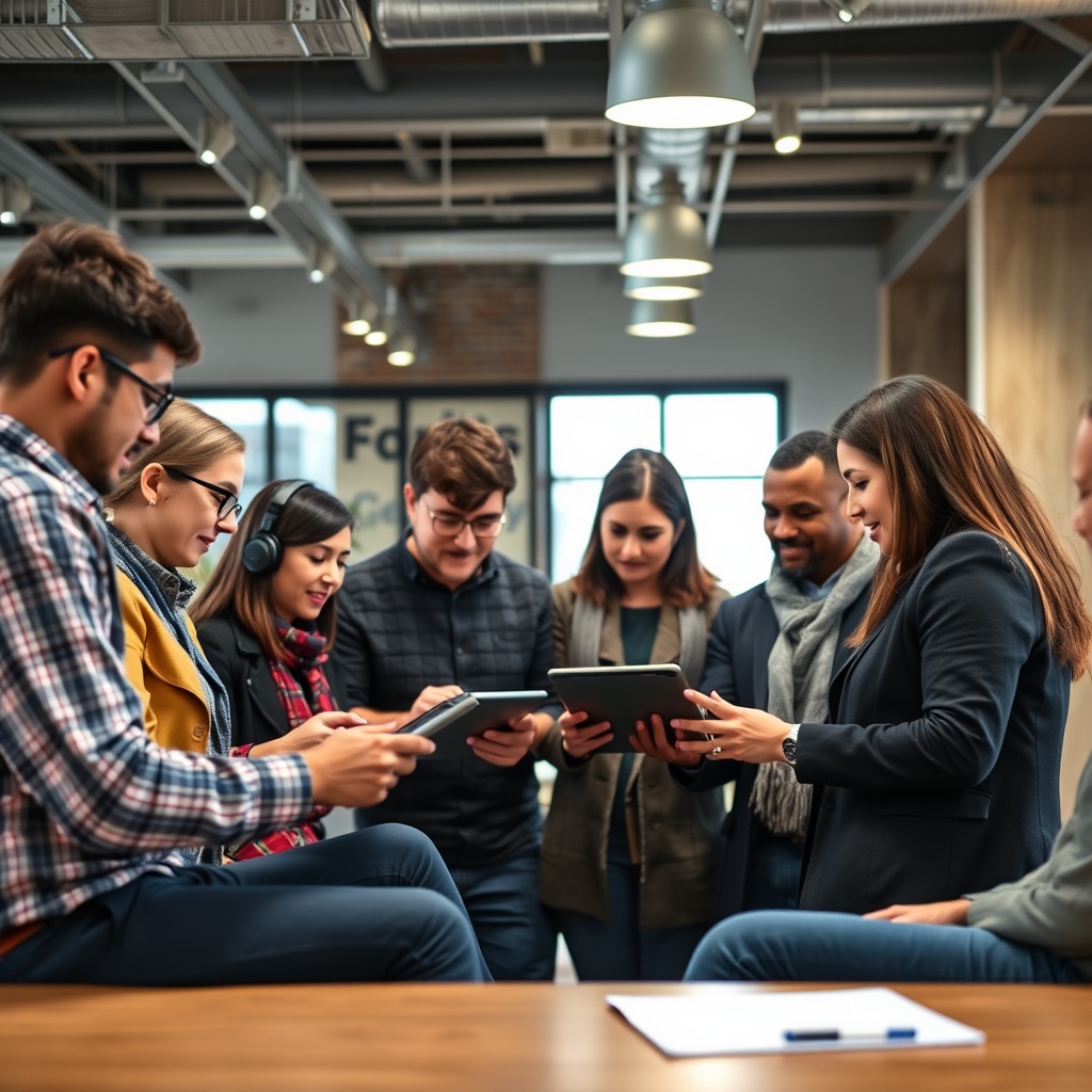A diverse group of small and medium-sized enterprise owners discussing affordable RegTech solutions on tablets in a modern co-working space, highlighting leveling the playing field.