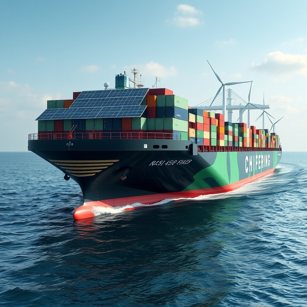 A modern cargo ship with solar panels and wind turbines, symbolizing the economic benefits of green shipping finance in Asia's response to environmental regulations.
