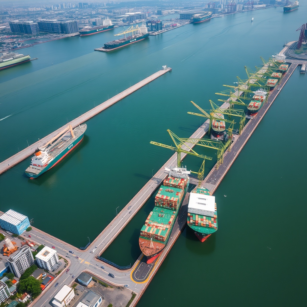 Aerial view of Singapore's bustling green port with LNG-powered ships docked, showcasing Asia's leading green shipping initiatives and environmental compliance.