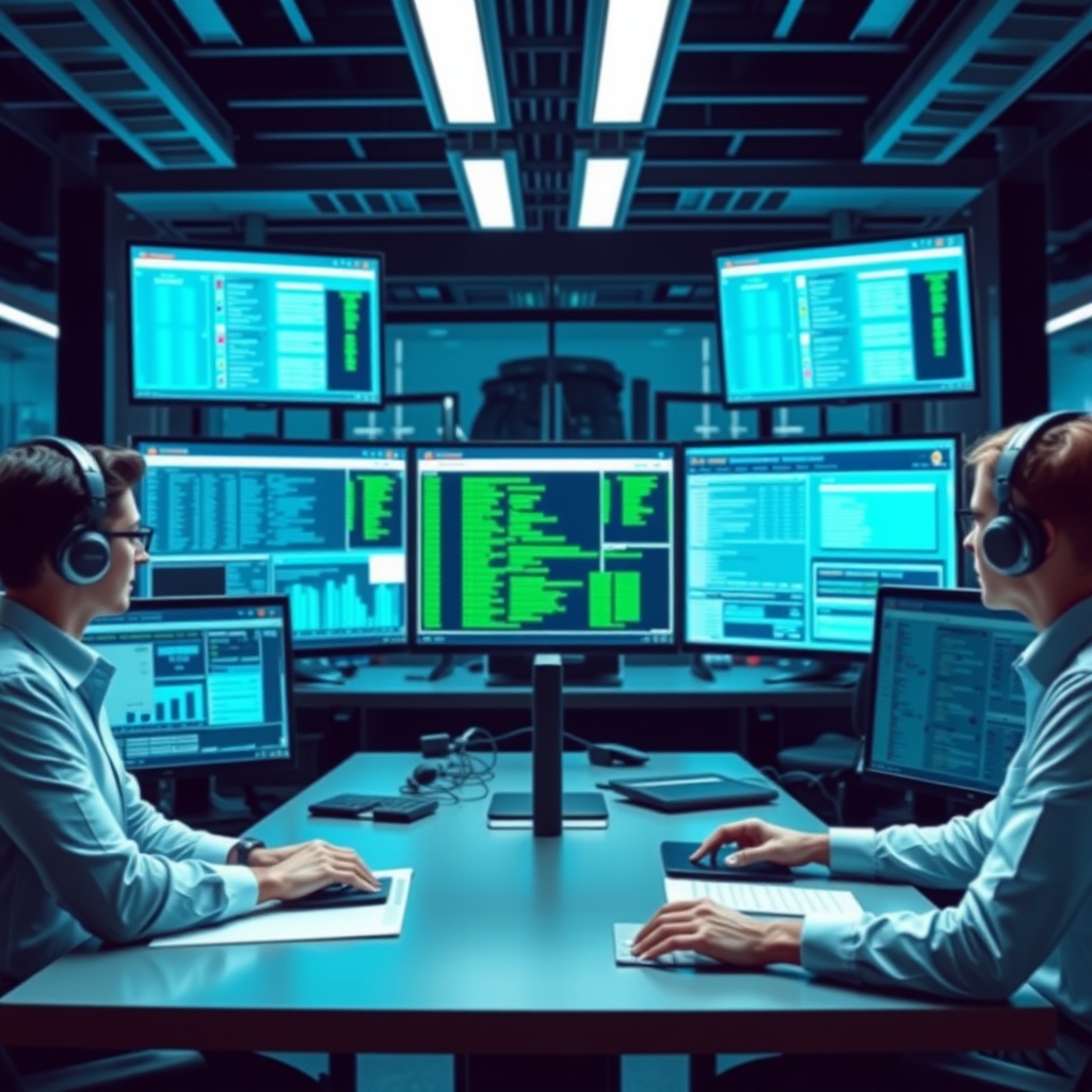 A high-tech office setting with professionals analyzing data on multiple screens, symbolizing the benefits of advanced AML/KYC technologies in enhancing accuracy and efficiency.