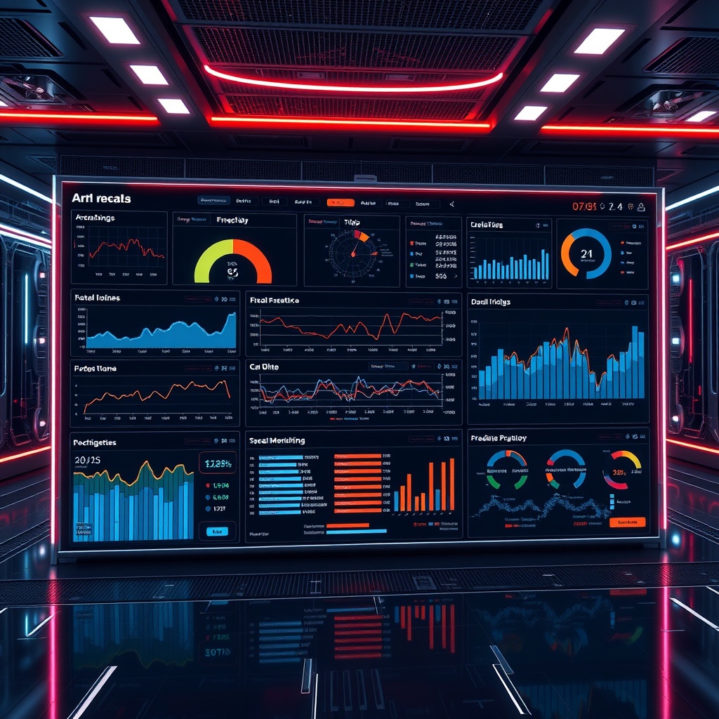A futuristic dashboard displaying big data analytics and predictive models, representing advanced techniques in AML/KYC compliance and real-time monitoring.