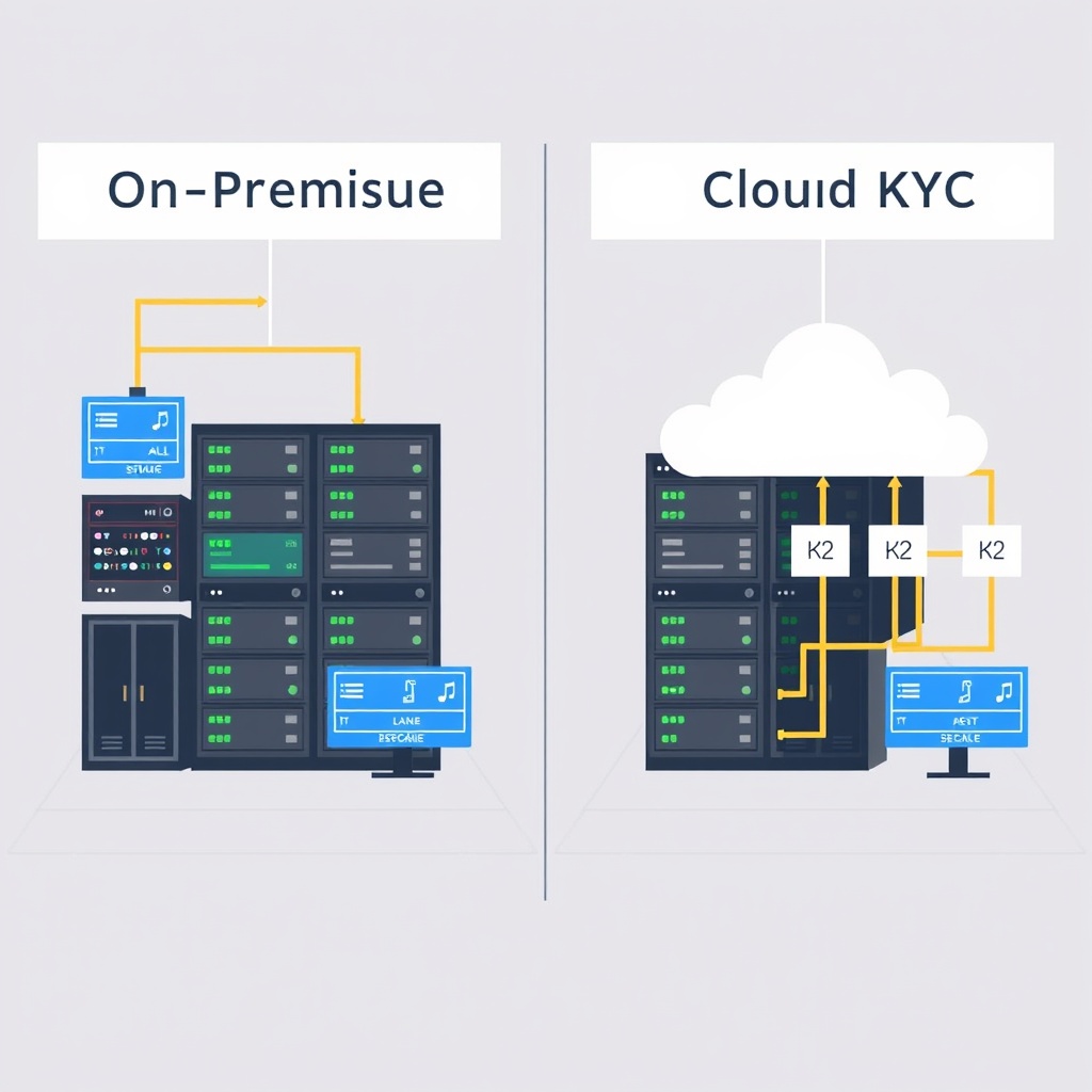 A side-by-side comparison of on-premise and cloud-based server setups in a modern data center, illustrating the decision-making process for AML/KYC solutions.