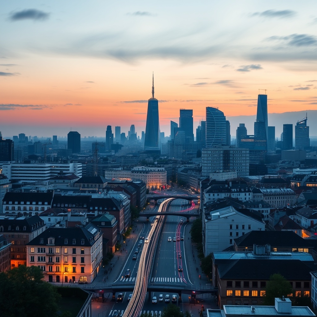 A modern European city skyline with digital payment symbols overlaying, representing the technical infrastructure hurdles and compliance challenges in real-time payments.