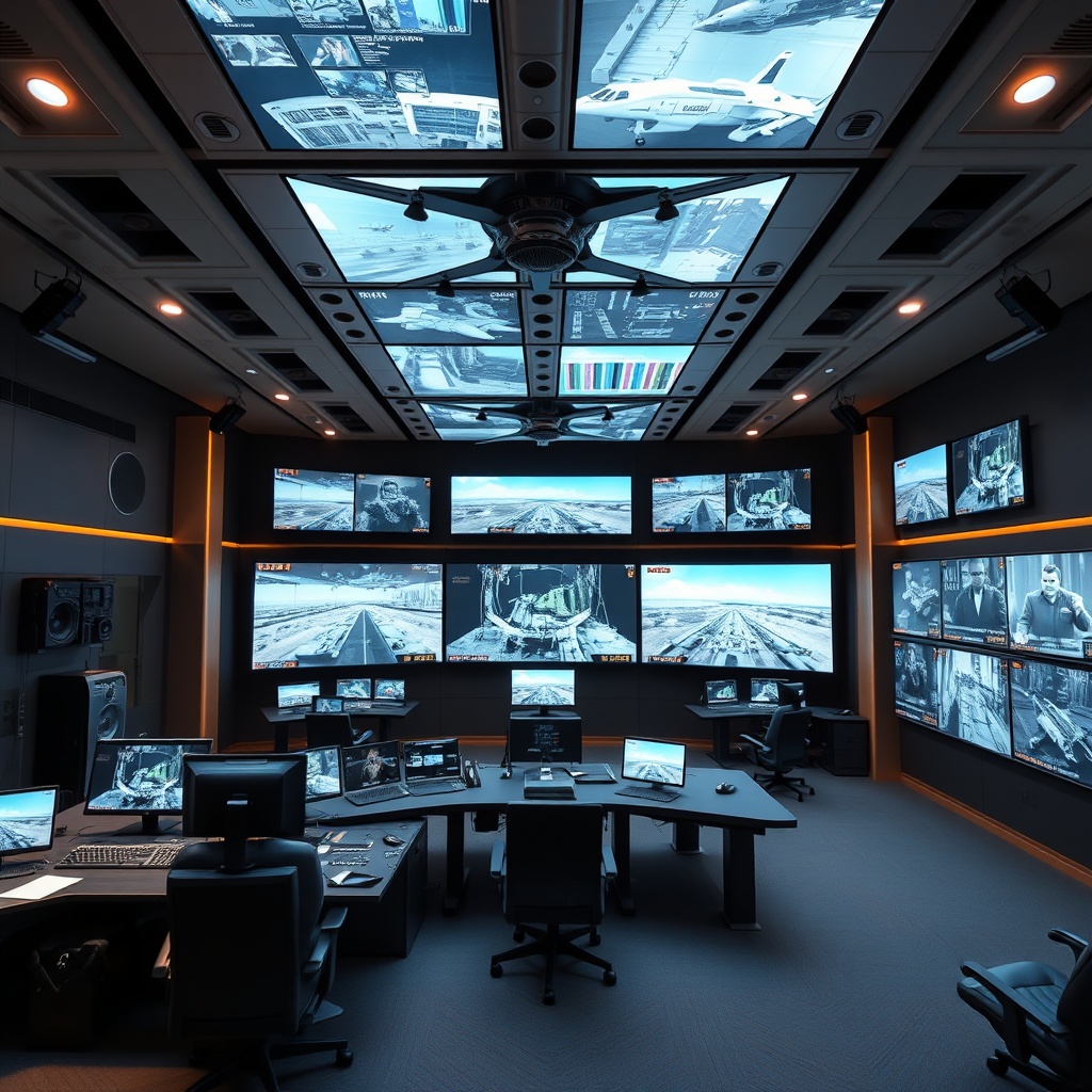 A high-tech military command center with advanced AI-driven surveillance screens and autonomous drones displayed, showcasing Israel's strategic defense technologies.