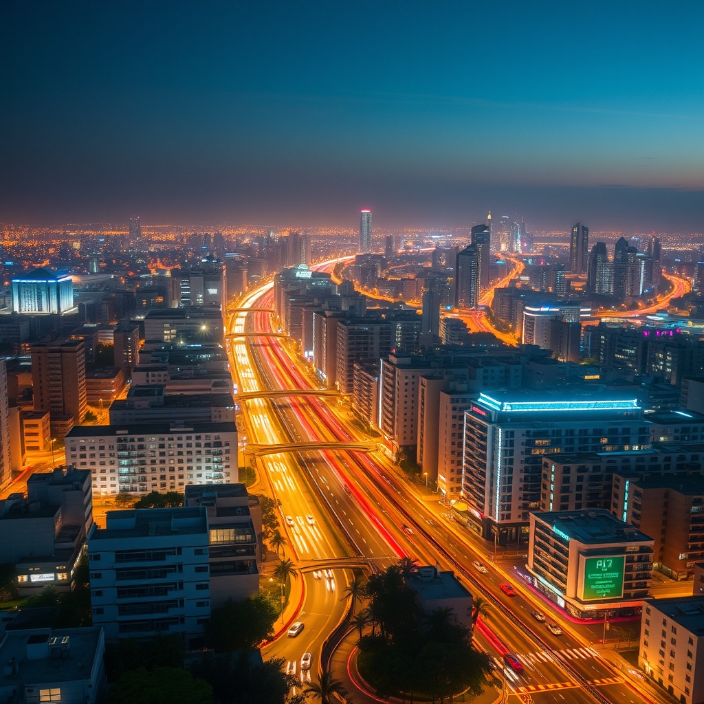 A futuristic smart cityscape at night, illuminated by AI-driven infrastructure and IoT devices, highlighting Israel's advancements in AI for everyday life and urban development.