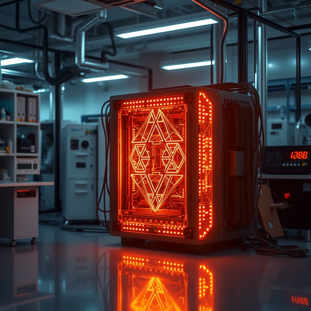 A glowing quantum computer in a high-tech lab, symbolizing the future trends and next frontier in Israel's AI research and development landscape.