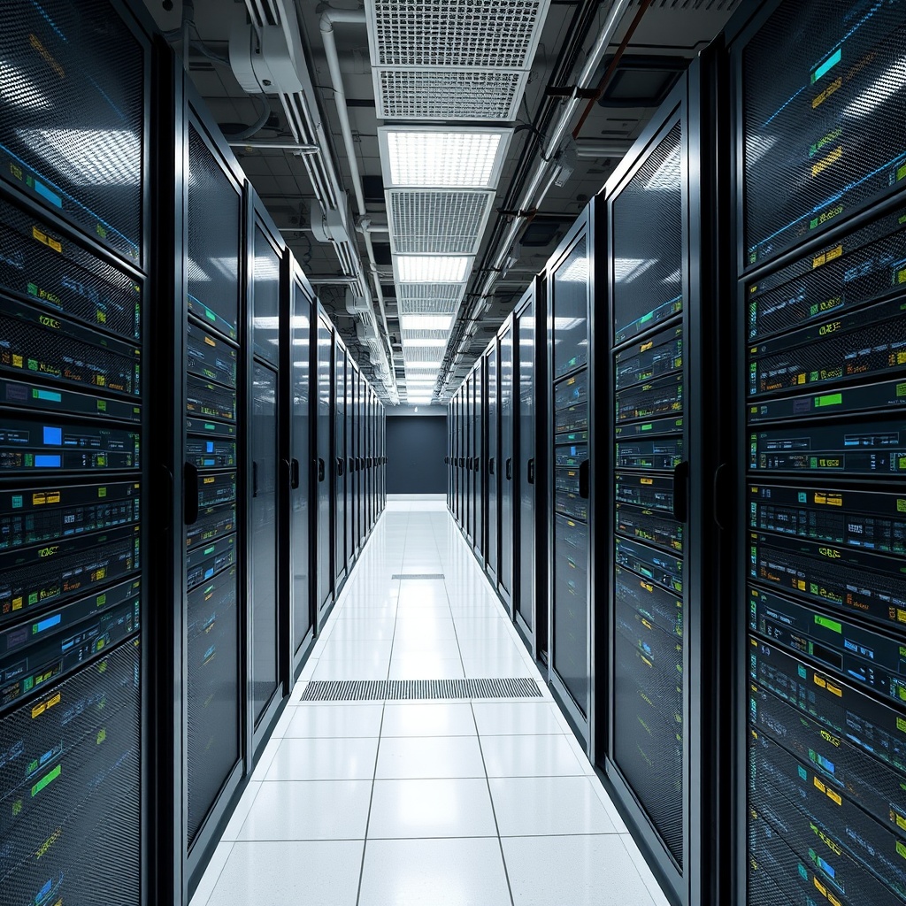 A modern data center with servers and cloud computing infrastructure, symbolizing Hong Kong's technological backbone for AI and data analytics.