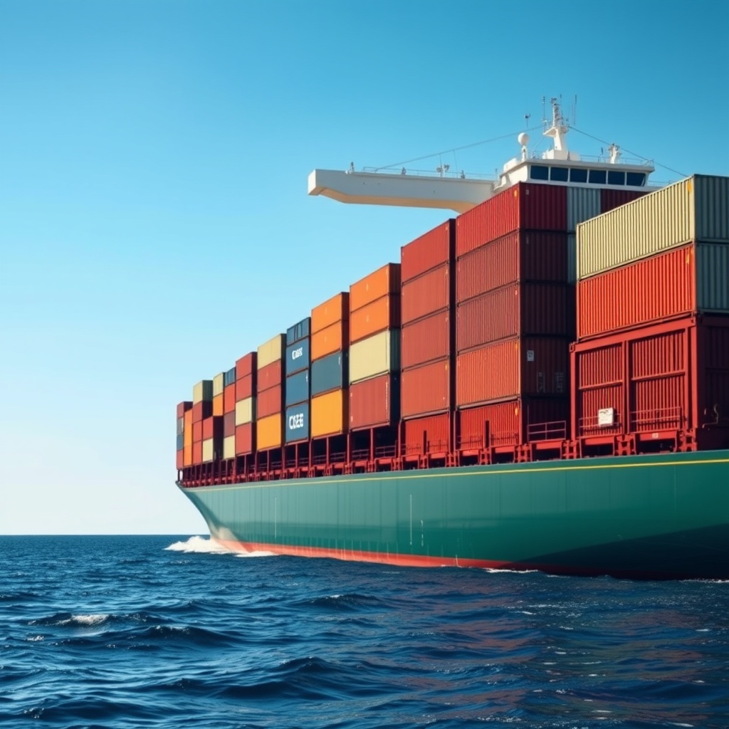 A professional stock photo of a shipping container ship at sea with a clear blue sky, symbolizing the benefits of ESG compliance in shipping finance.