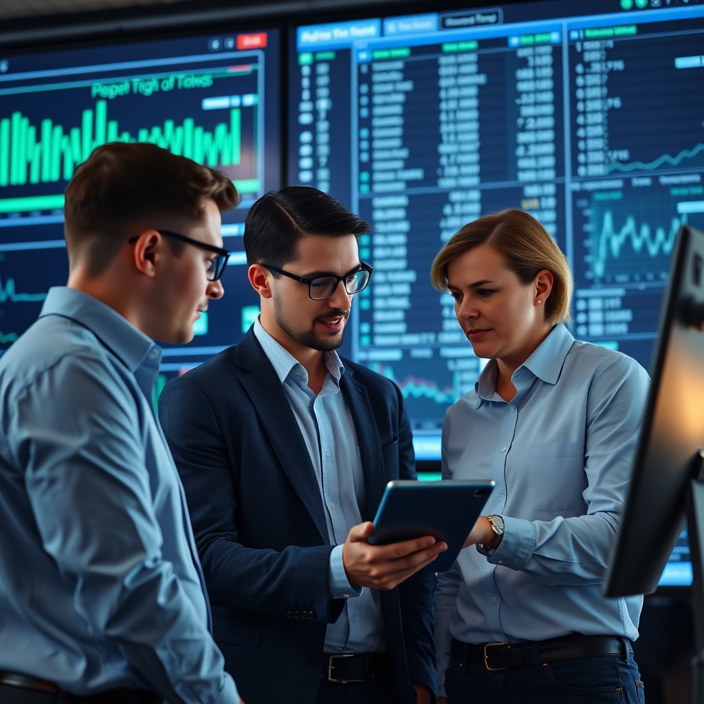 A professional stock photo of a team of professionals analyzing data on a digital screen, representing the role of technology in ESG-compliant shipping finance.