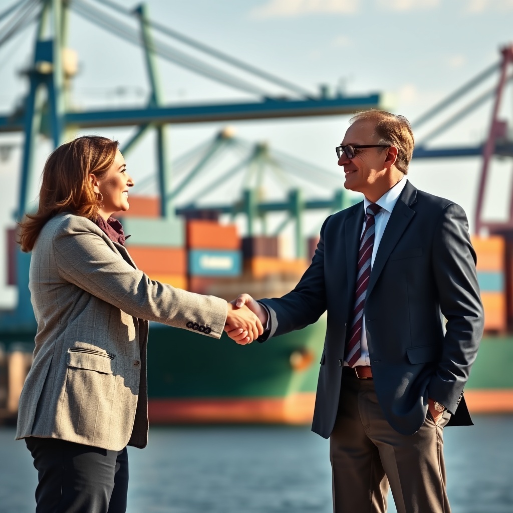 A professional stock photo of a handshake between two business professionals in front of a shipping port, illustrating the impact of ESG on loan terms and conditions.