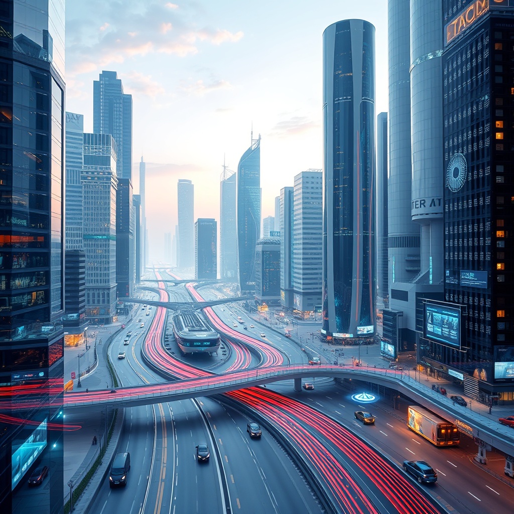 A futuristic cityscape with digital overlays representing AI integration in urban development, highlighting smart technology and innovation in Oman's digital strategy.