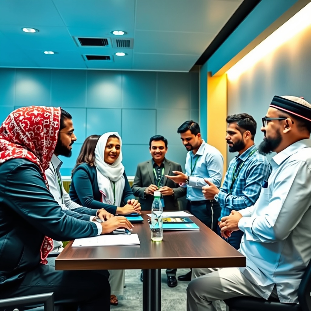 A diverse group of professionals engaged in a collaborative workshop, symbolizing the building of AI competency through education and training programs in Oman.