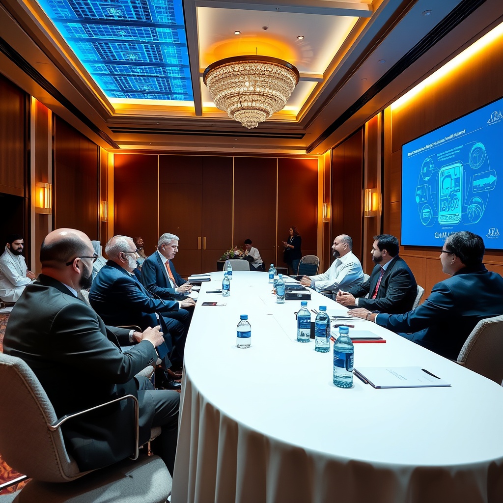 A dynamic business meeting with investors and entrepreneurs discussing AI technologies, showcasing the importance of investment in AI for Oman's future.