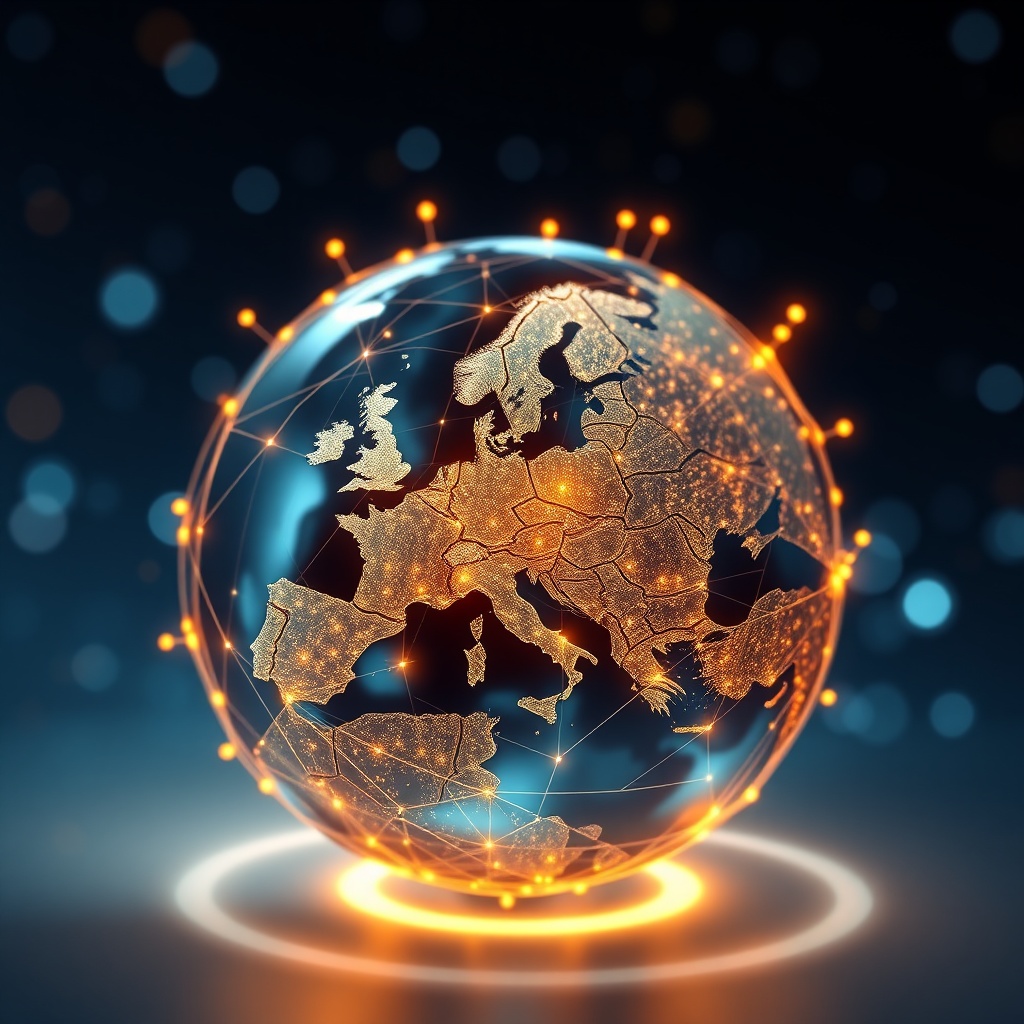 A futuristic globe with digital connections highlighting Europe, illustrating the challenges and vision for cross-border real-time payments in the region.