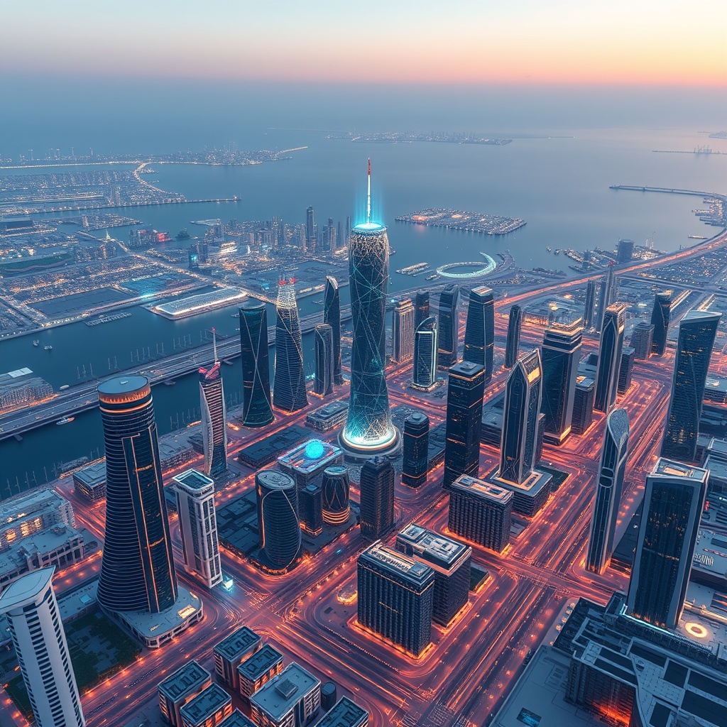 A futuristic cityscape of Bahrain with digital overlays representing AI and FinTech innovations, highlighting the comparison with other Gulf States.