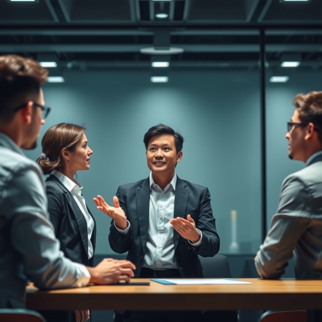 A confident businessperson engaging in a discussion with regulators in a sleek, professional setting, embodying best practices for navigating the Regulatory Sandbox.