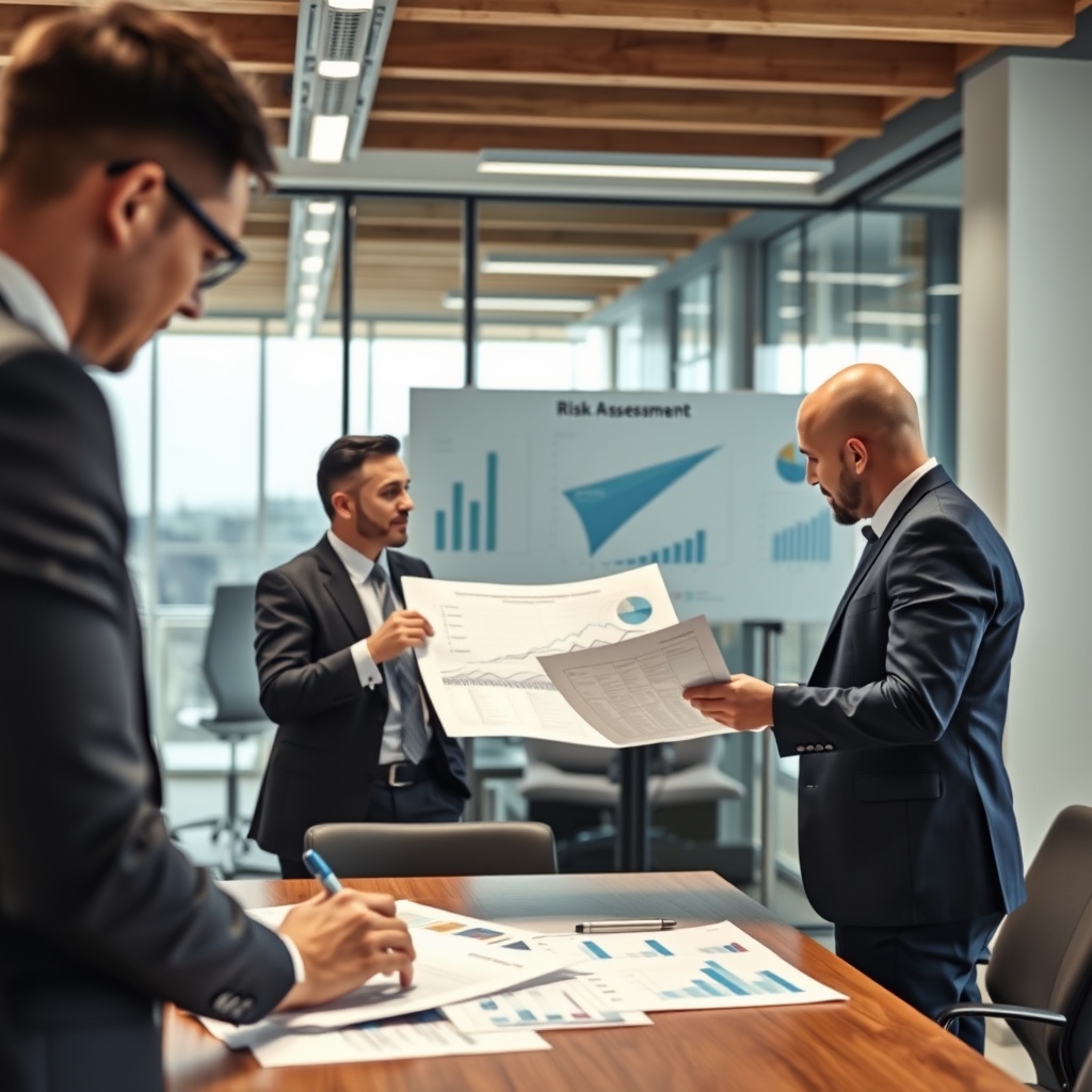 A professional stock photo depicting a risk assessment meeting with analysts reviewing maritime investment charts and documents in a modern office setting.