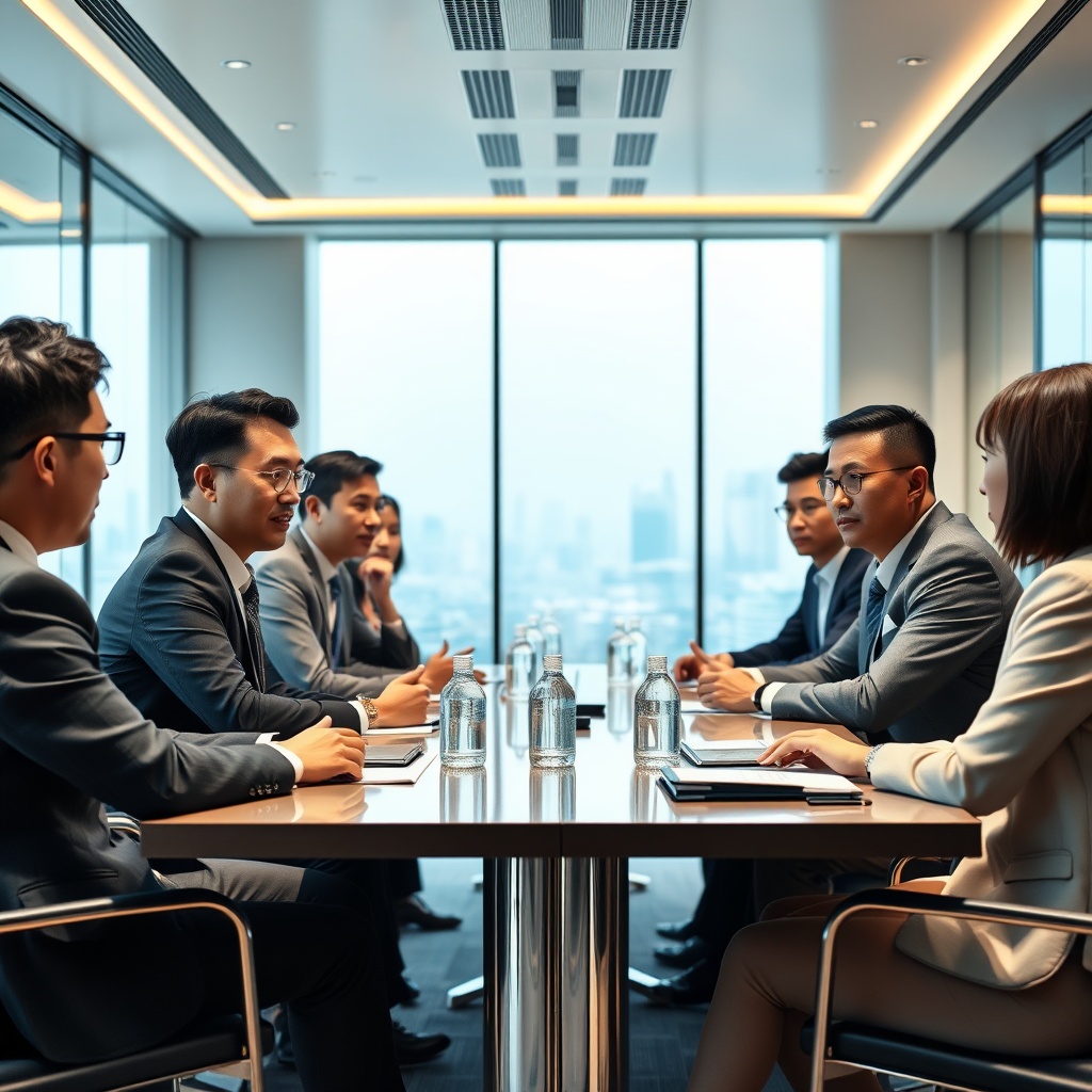A high-quality stock image showing a diverse group of Asian investors discussing maritime asset-backed securities in a sleek, contemporary boardroom.