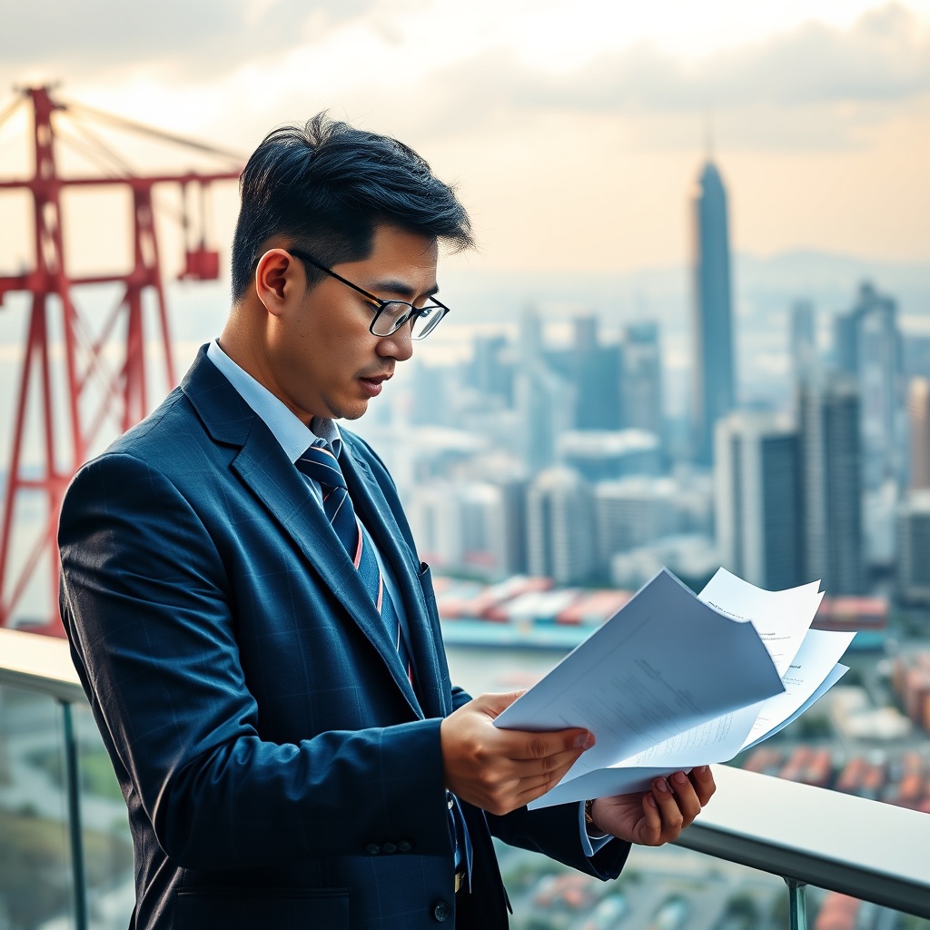An engaging stock photo illustrating a regulatory compliance officer examining maritime investment documents with a backdrop of Asian city skylines.