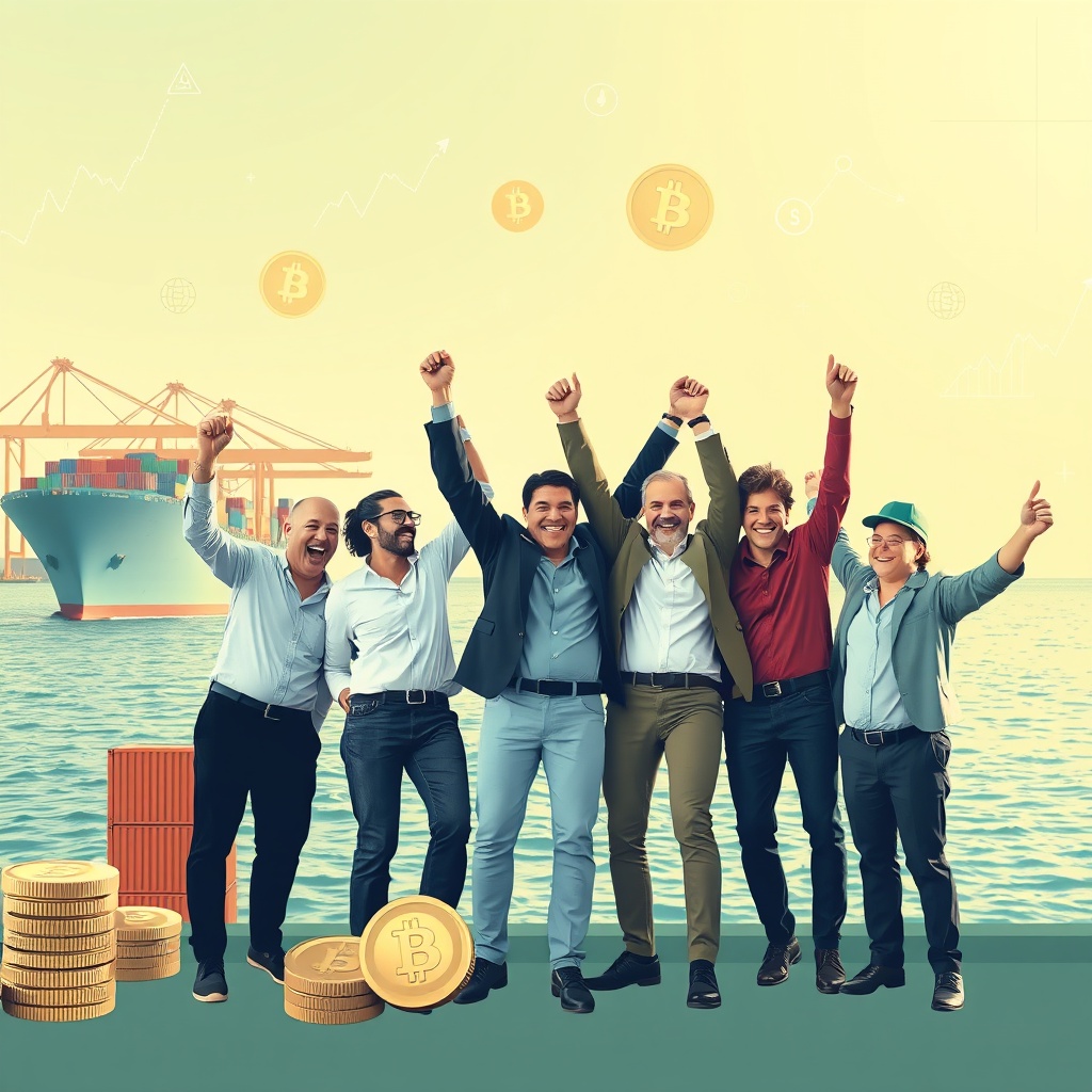 A dynamic stock photo showcasing a shipping company's team celebrating a successful funding round, with a backdrop of cargo ships and digital finance symbols like graphs and coins, emphasizing the benefits of alternative financing.