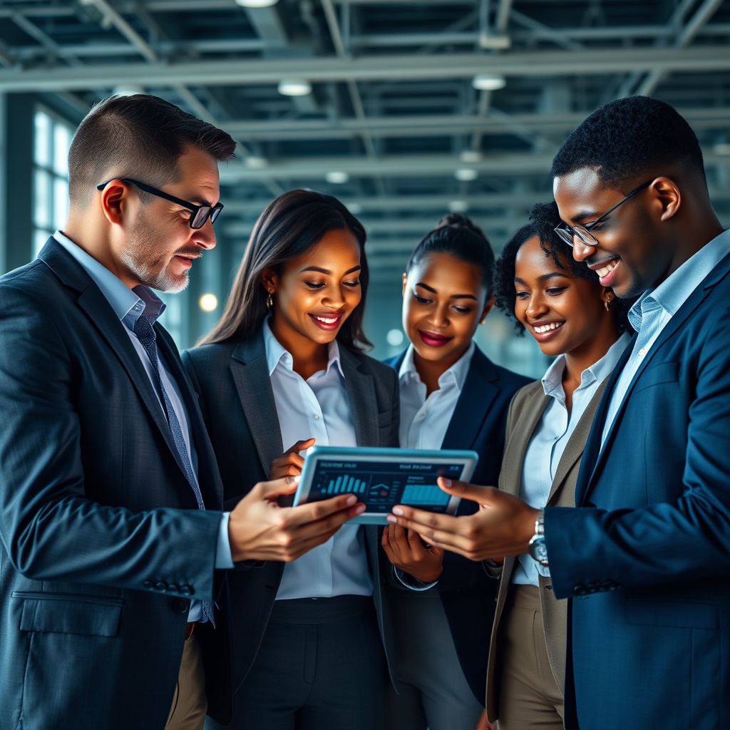 A professional stock image of a diverse group of business professionals analyzing a digital tablet with shipping and finance data, symbolizing the role of technology in facilitating alternative financing solutions.
