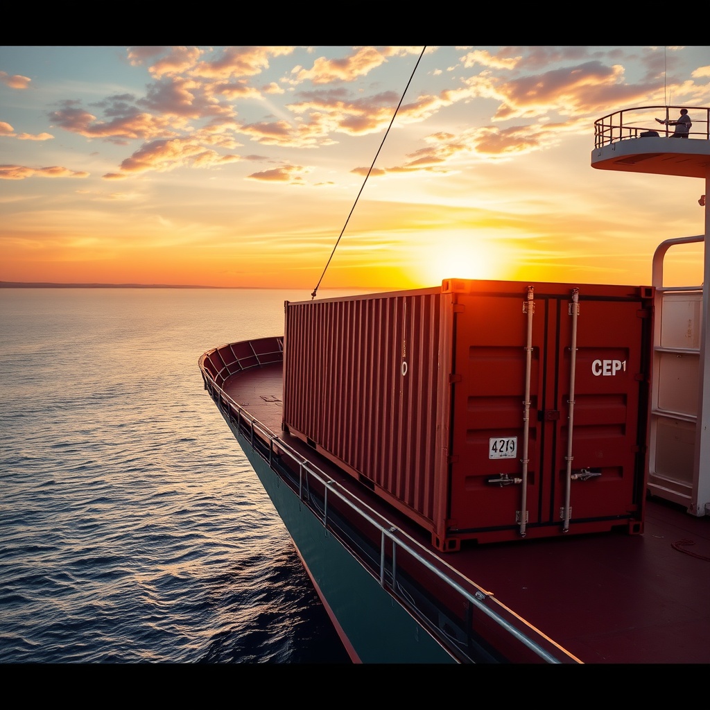 An inspiring stock photo featuring a shipping container being loaded onto a ship at sunset, with a focus on innovation and success stories in alternative financing within Southeast Asia's shipping industry.