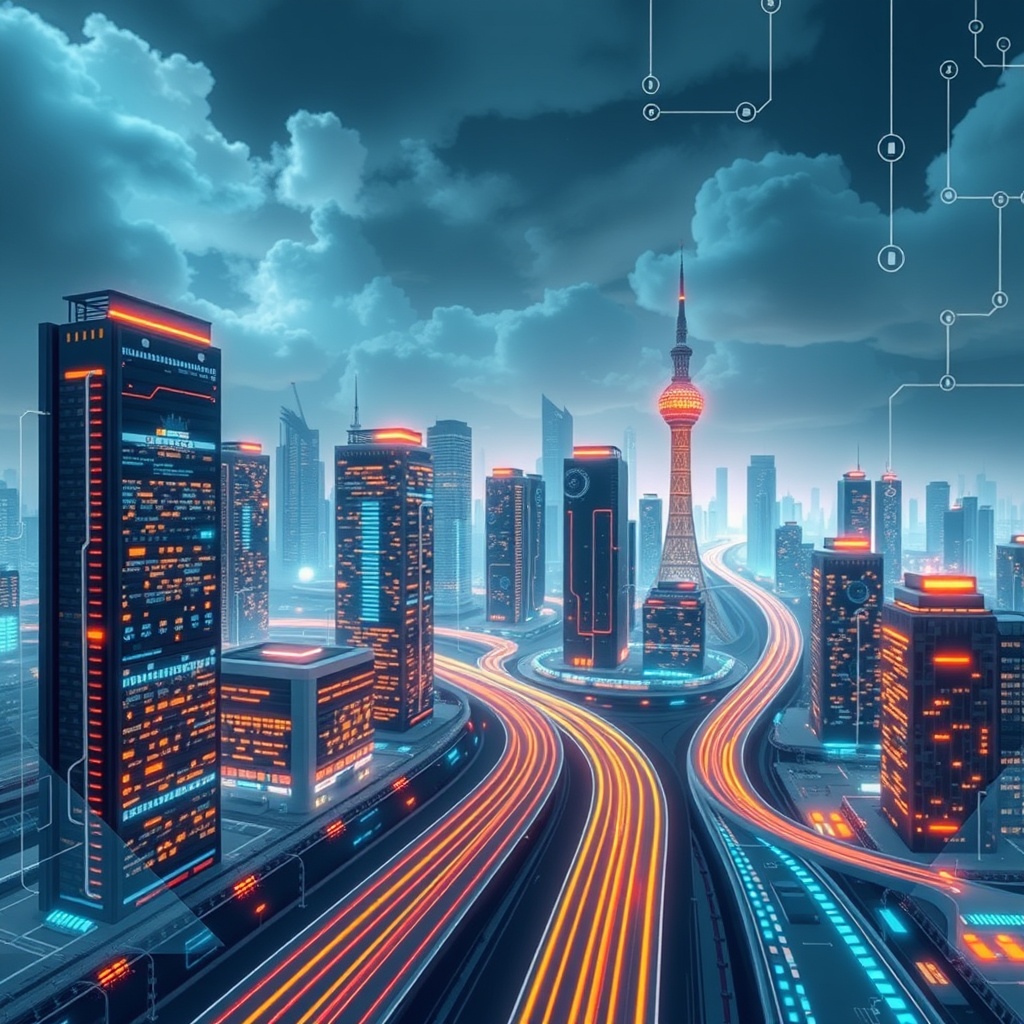 A futuristic cityscape with digital infrastructure elements like data centers and high-speed internet cables, symbolizing the foundation for AI adoption in Iraq.