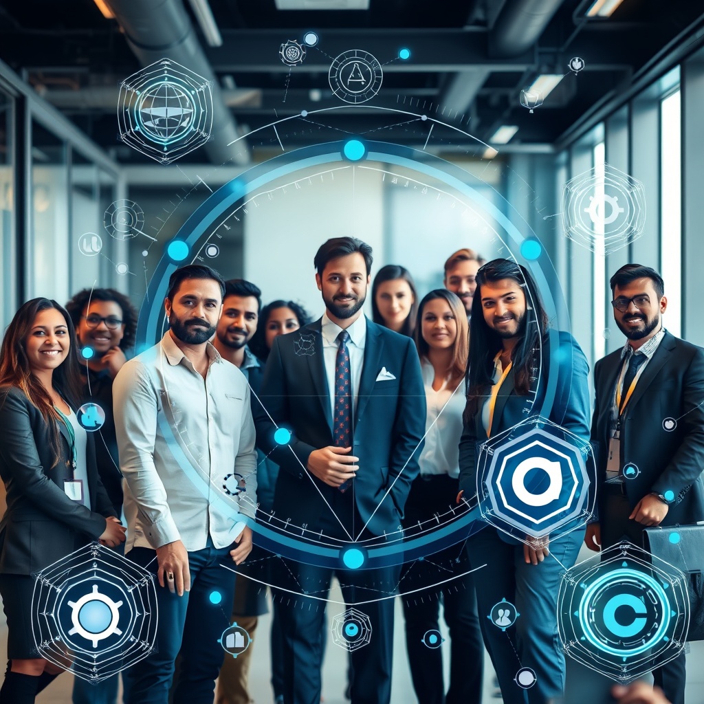 A diverse group of professionals working together in a modern office, with AI and technology symbols overlaying, representing AI in Iraq's key industries.