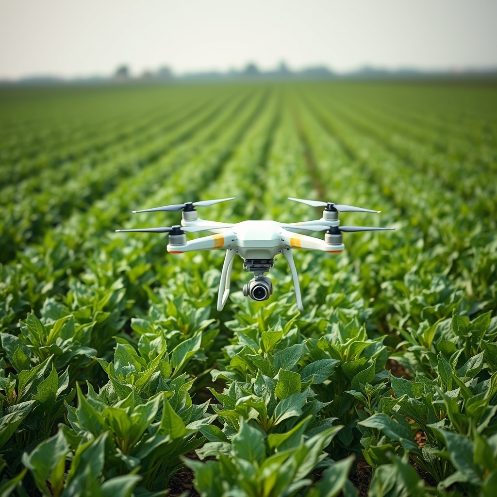 A green field with drones and sensors monitoring crops, showcasing AI's role in modernizing Iraq's agriculture for sustainability and efficiency.