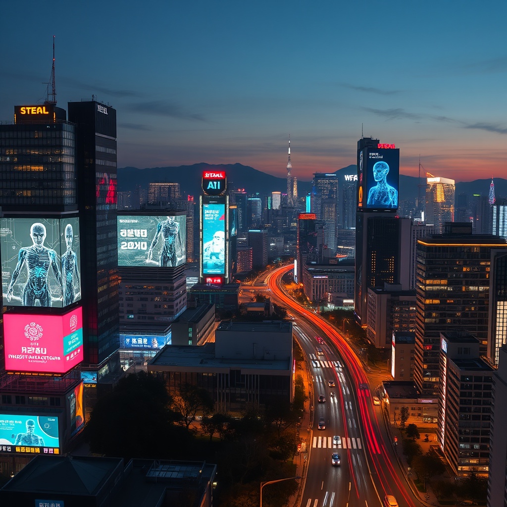 A futuristic cityscape of Seoul at night, illuminated by digital billboards showcasing AI technology, with a focus on advanced infrastructure and technological advancements.