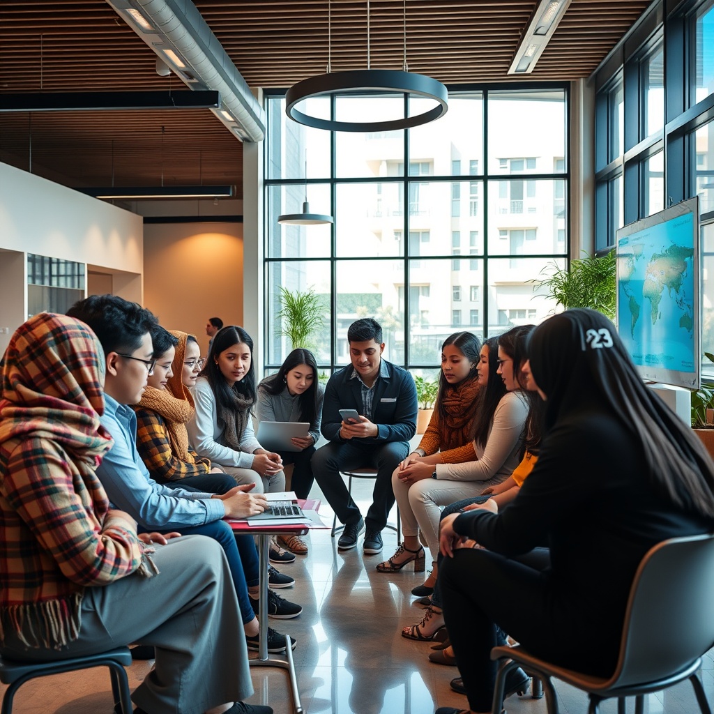 A diverse group of students and professionals engaged in an interactive AI workshop in a modern Moroccan university setting, highlighting education and talent development.