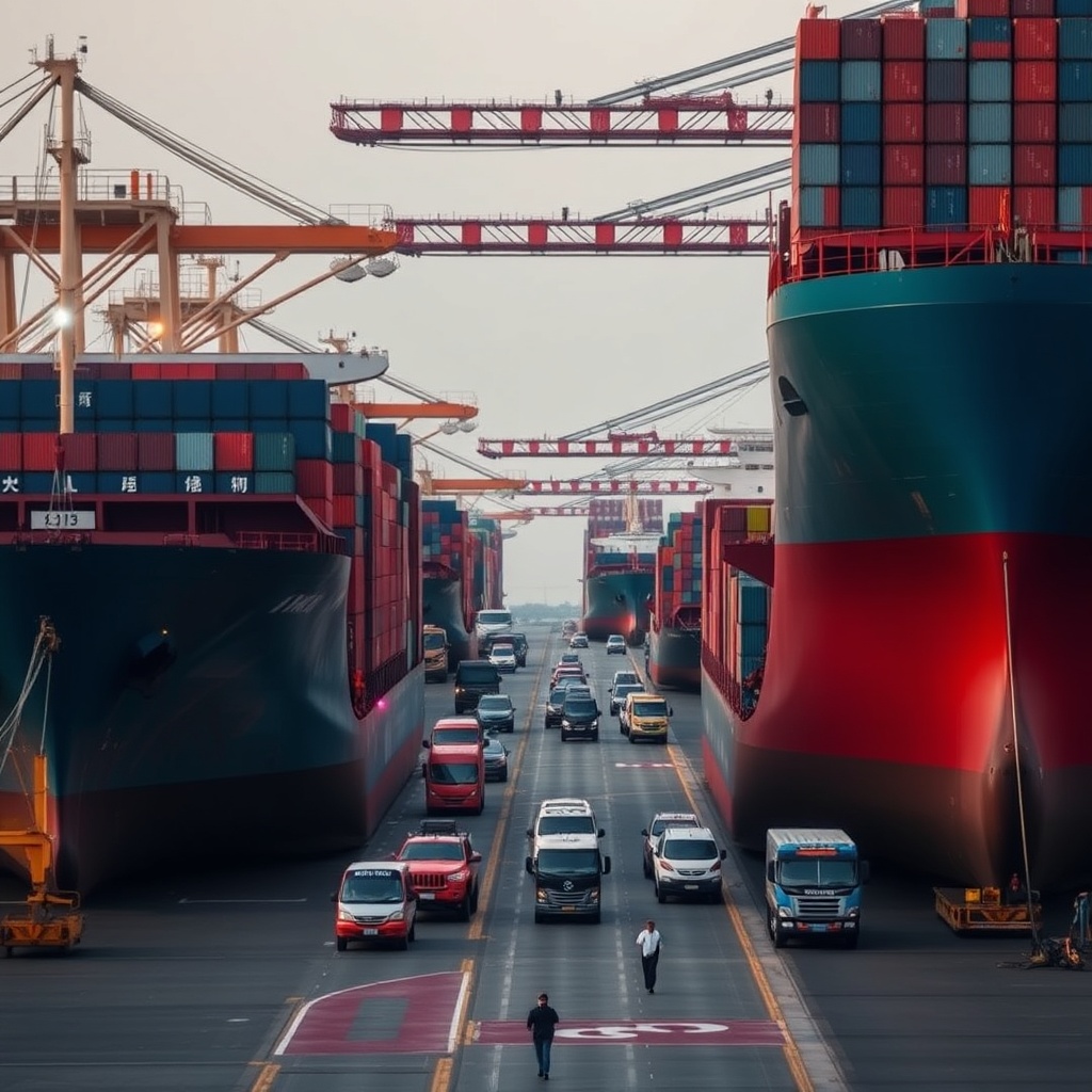A bustling port scene with large cargo ships being loaded and unloaded, showcasing the scale of shipping projects financed by Chinese banks under the Belt and Road Initiative.