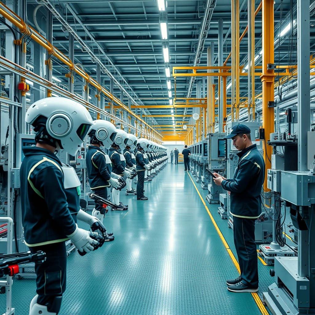 A high-tech manufacturing facility in South Korea, with robots and AI systems working alongside human engineers, highlighting the integration of AI in traditional industries.