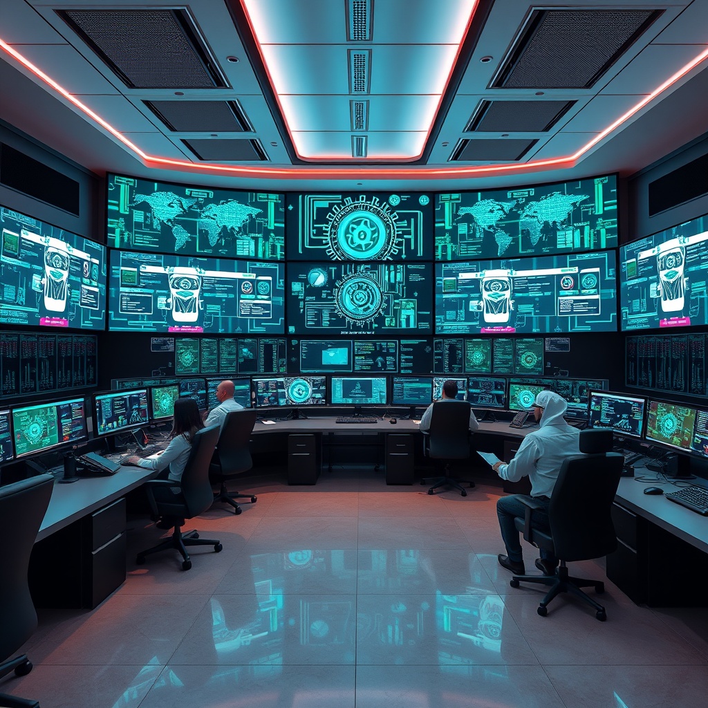 A high-tech cybersecurity control room in the Middle East, with professionals monitoring AI systems on large screens, symbolizing the intersection of AI and national security.