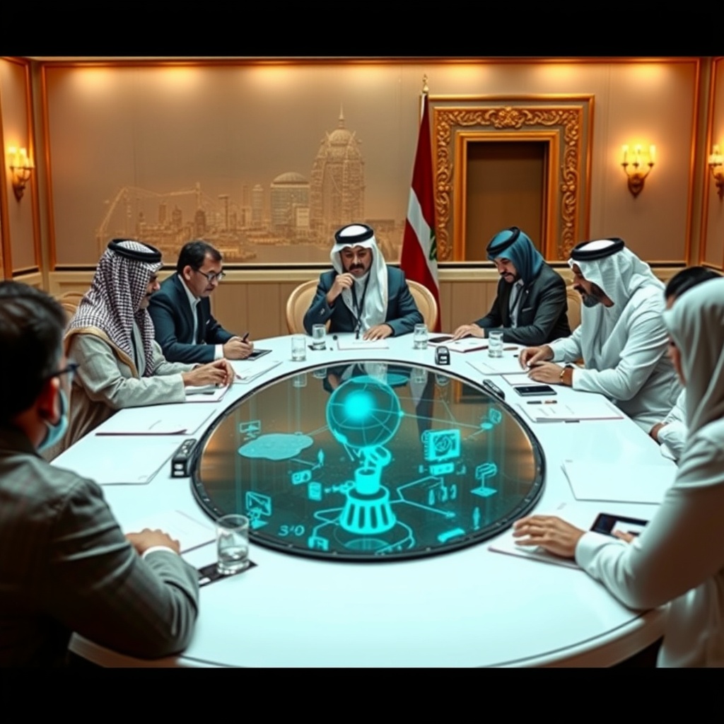 A diverse group of international delegates discussing AI governance at a conference table in a Middle Eastern city, representing global collaboration on AI regulation.
