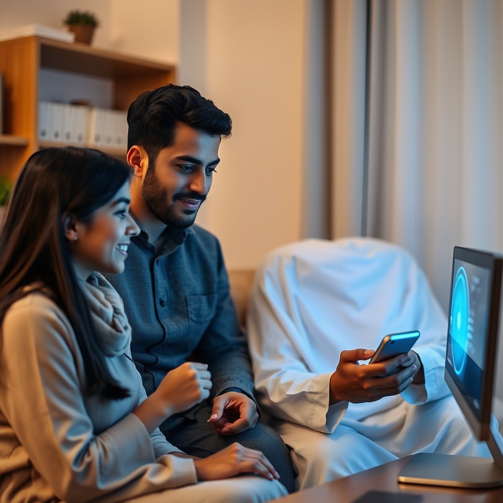 A Middle Eastern family engaging with an AI assistant at home, showcasing public interaction with AI technology and the importance of awareness and education.