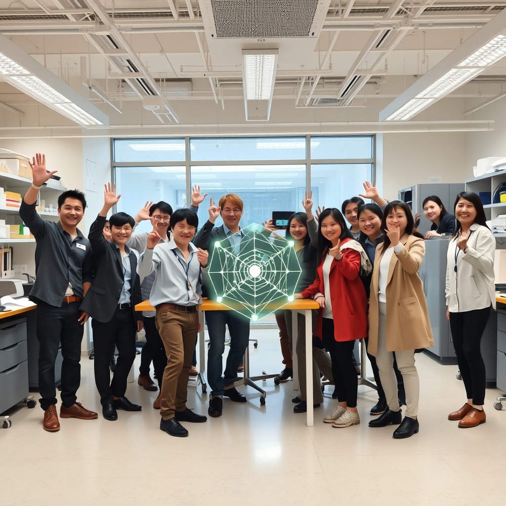A dynamic group of South Korean entrepreneurs and researchers in a modern lab, celebrating a breakthrough AI project, symbolizing innovation and success in the AI sector.