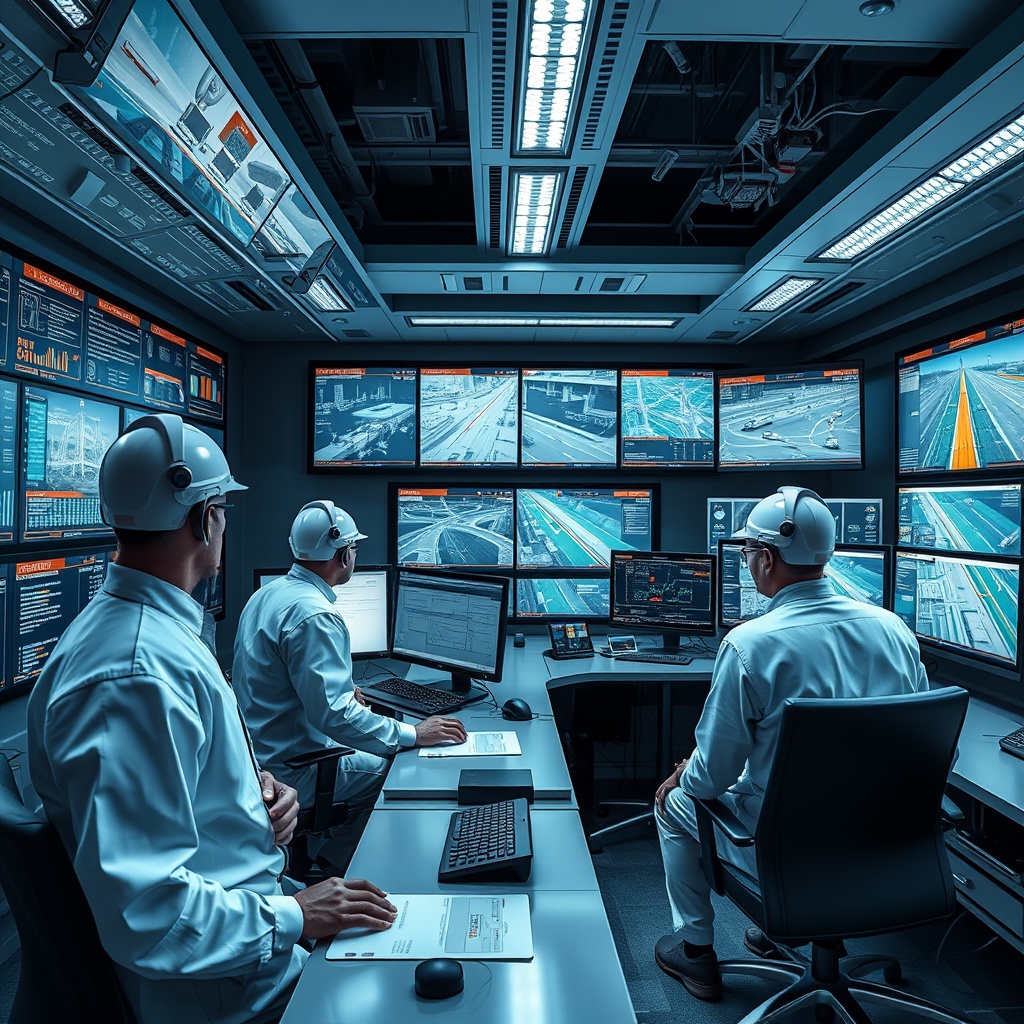 A high-tech control room with engineers monitoring AI-driven traffic management systems in a Middle Eastern city, showcasing the integration of AI in urban infrastructure.