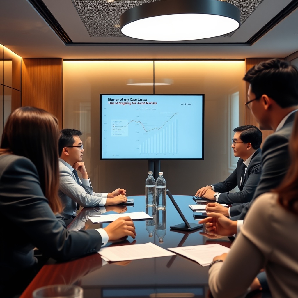 A professional stock photo illustrating a group of executives reviewing case studies of risk management successes and failures in a modern boardroom, emphasizing lessons learned and best practices for Asian markets.