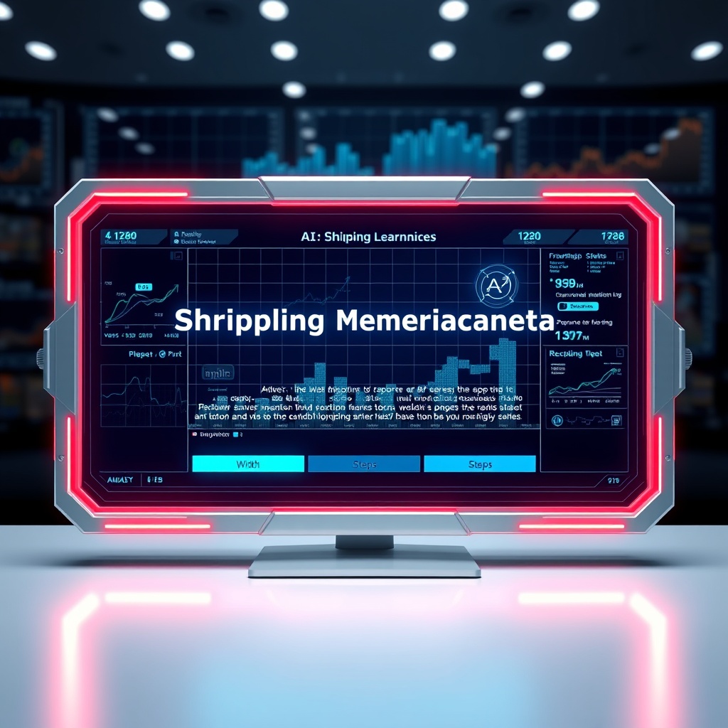 A futuristic digital interface displaying AI and machine learning algorithms analyzing shipping finance data, with graphs and charts in the background.