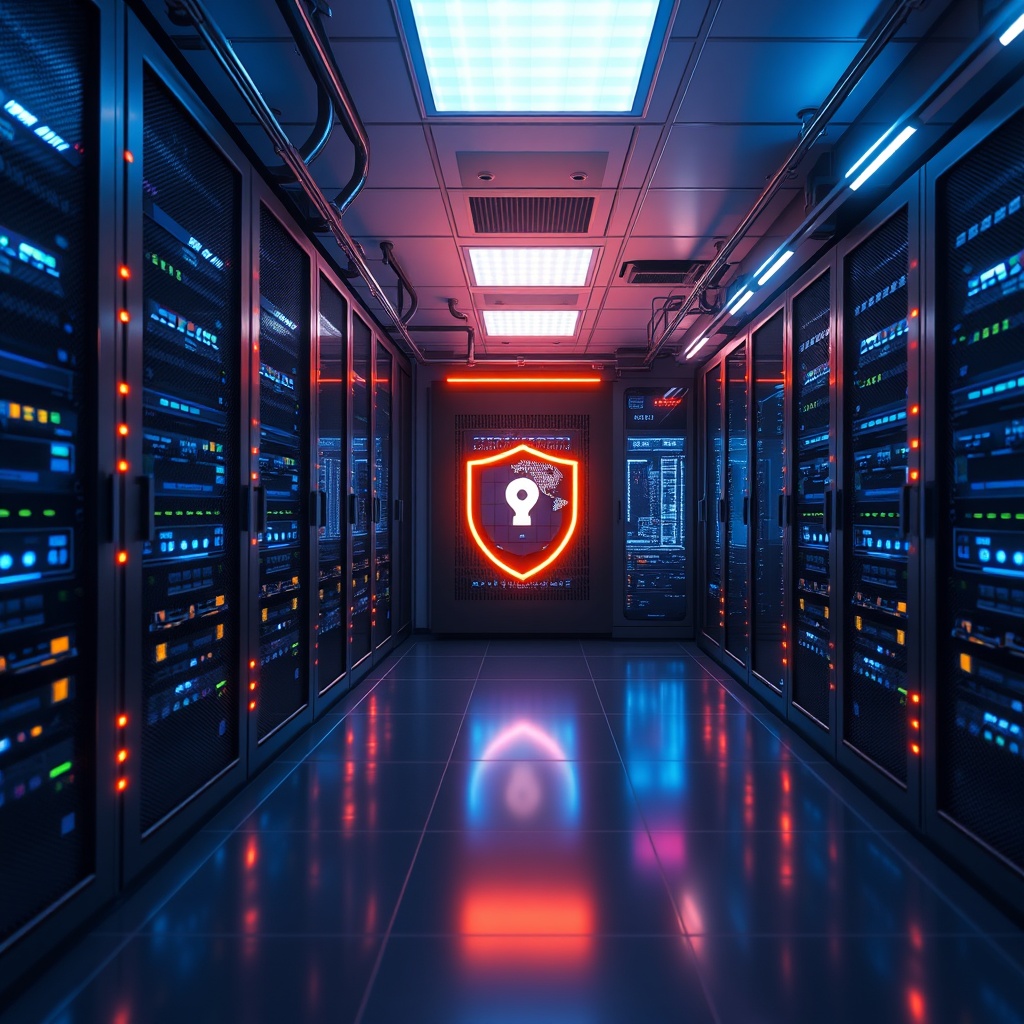 A secure, high-tech server room with glowing lights symbolizing cybersecurity measures protecting digital shipping finance transactions.